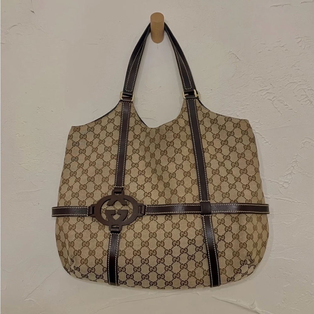 Gucci Royal Canvas Leather Hobo Tote Bag Dark Brown Monogram Timeless Designer - Picture 4 of 16
